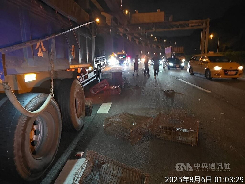 國道1號南向39公里的林口路段6日凌晨發生大貨車追撞前方砂石車,警方到場初步了解,41歲陳姓男子駕駛自大貨車撞上由59歲王姓男子所駕駛的砂石車車尾。貨車駕駛送醫急救仍宣告不治。(翻攝照片)中央社記者王鴻國傳真 114年8月6日