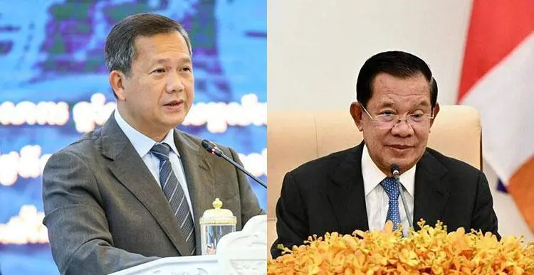 左為柬埔寨首相洪瑪奈，右為其父親、前首相、現任參議院議長洪森。   圖：翻攝自 騰訊網