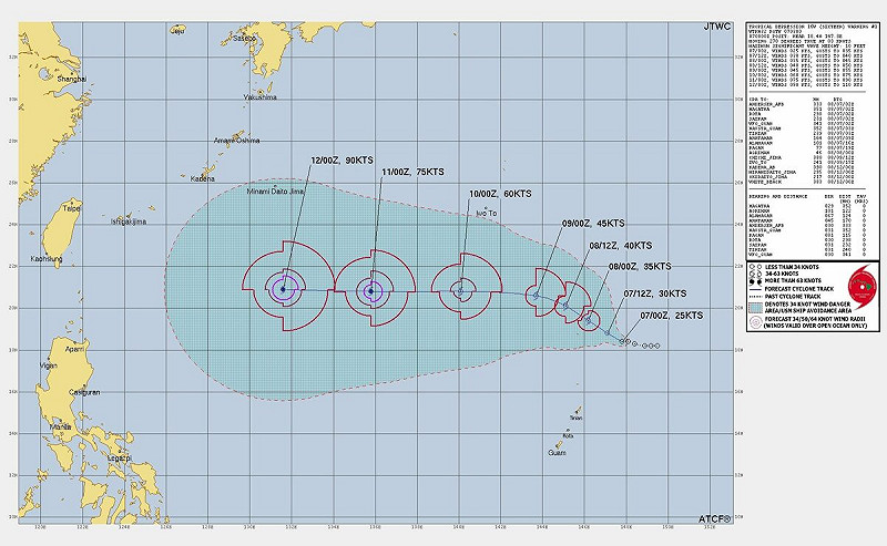 位於西太平洋海面的熱帶擾動98W已正式升格為熱帶低壓16W，朝台灣方向逼近。   圖：翻攝自台灣颱風論壇｜天氣特急臉書