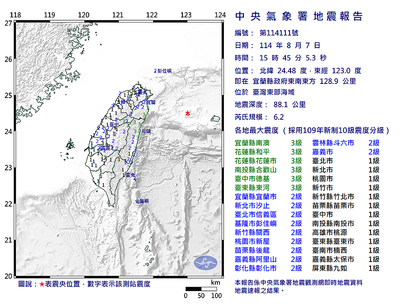 08/07-15:45臺灣東部海域發生規模6.2有感地震 圖：中央氣象署   