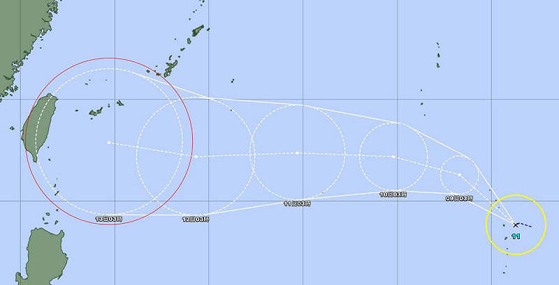 日本氣象廳預測，楊柳颱風將由西往東，直直朝台灣方向前進，在下週三(12日)接近台灣。   圖：翻攝自台灣颱風論壇｜天氣特急臉書