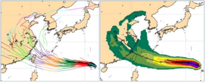 左圖：最新(8日20時)歐洲模式(ECMWF)系集模擬路徑的平均，下週三、四通過台灣北部海面，個別模擬路徑則在兩側、相當分散。右圖：最新(8日20時)歐洲模式(ECMWF)系集模擬「暴風圈侵襲機率圖」則顯示，「楊柳」暴風圈侵襲機率稍降至20%至30%。   圖/截取自「洩天機教室」