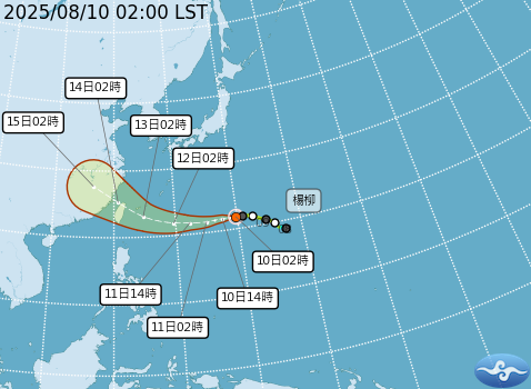 「楊柳」路徑向南調整，預計週三、四通過台灣北部。   圖/氣象署