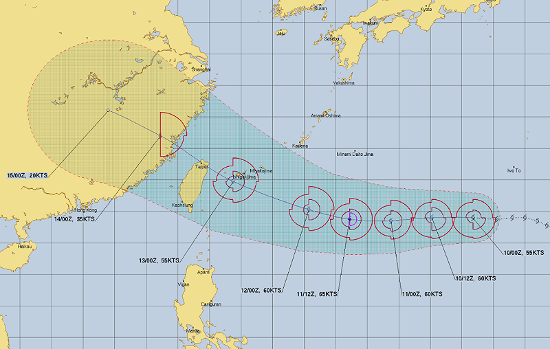 楊柳颱風今天上午8時位於關島西北方海面,距離台北1780公里,未來一兩天內以偏西行進。 圖:取自JTWC