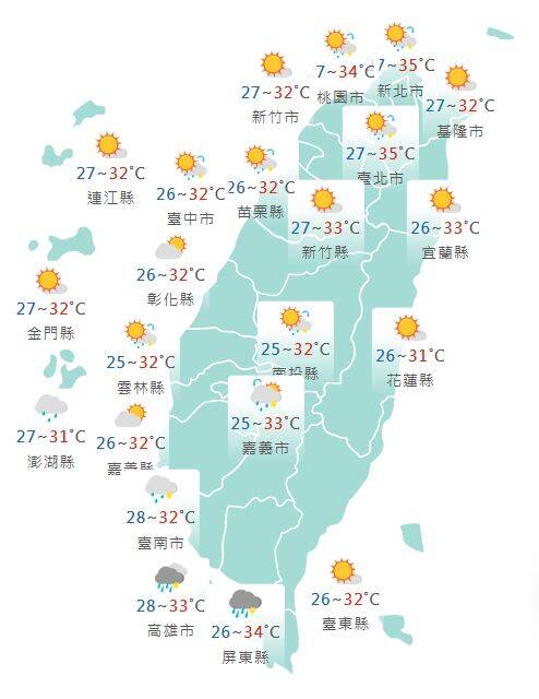 氣象署公布各地天氣預報概況。   圖：氣象署提供