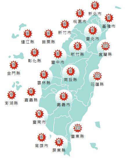 氣象署發布各地紫外線指數預報概況。   圖：氣象署提供