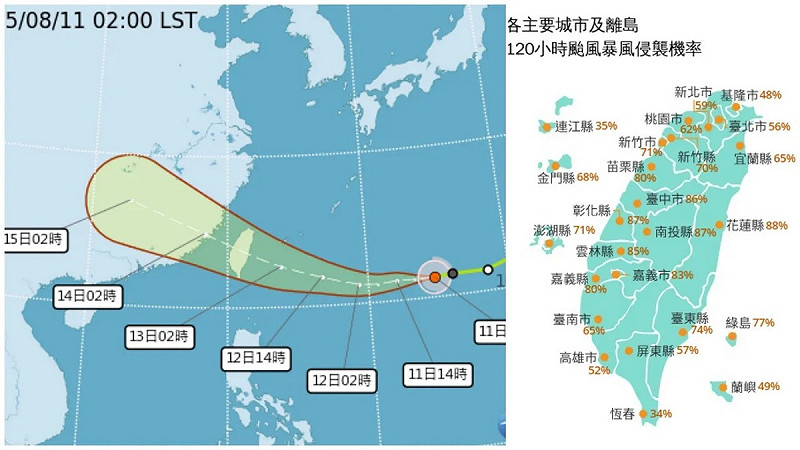 楊柳颱風直撲台灣而來，暴風圈侵襲率有8縣市已超過8成。   圖：氣象署提供