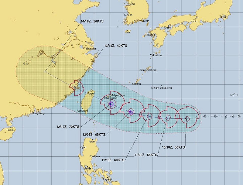  楊柳颱風美國颱風聯合警報中心(JTWC)最新路徑預測。 圖：JTWC 