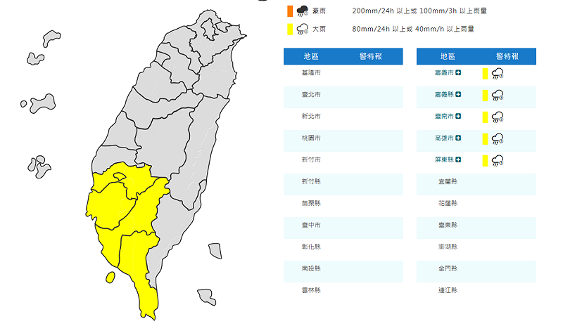 氣象署對南部5縣市發布大雨特報。   圖：取自中央氣象署