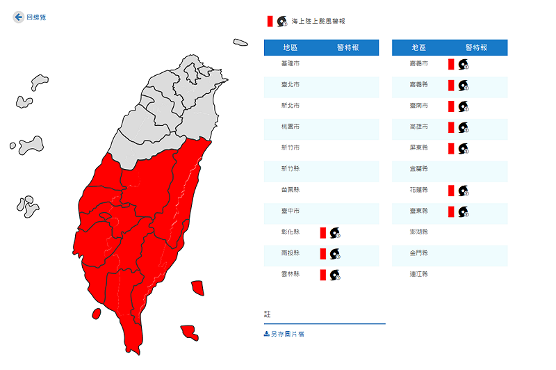 氣象署下午也發布陸上颱風警報，涵蓋範圍包含10個縣市，彰化縣、南投縣、雲林縣、嘉義市、嘉義縣、台南市、高雄市、屏東縣、花蓮縣、台東縣。   圖：取自中央氣象署
