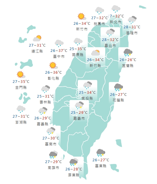 氣象署公布各地天氣預報概況。 圖:氣象署提供