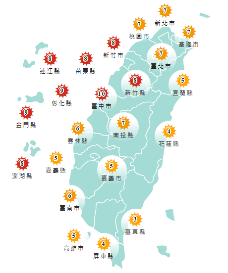 氣象署發布各地紫外線指數預報概況。 圖:氣象署提供
