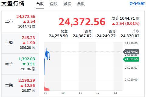 台股今天(14日)先跳水再揚升，約9點10分前，上漲9點，最高來到24382點，上櫃、金融類股揚升，電子下挫。9點20分前、大盤翻黑又翻紅震盪，最高來到24387點。   圖: 擷取自yahoo台股走勢圖