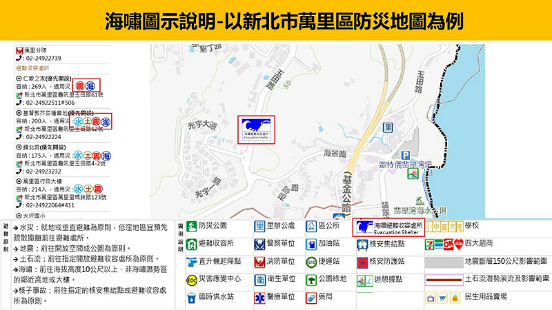 海嘯圖示說明-以新北市萬里區防災地圖為例。   圖：內政部提供