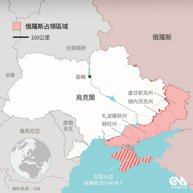烏克蘭遭俄羅斯佔領區域。（中央社製圖）   圖：中央社提供