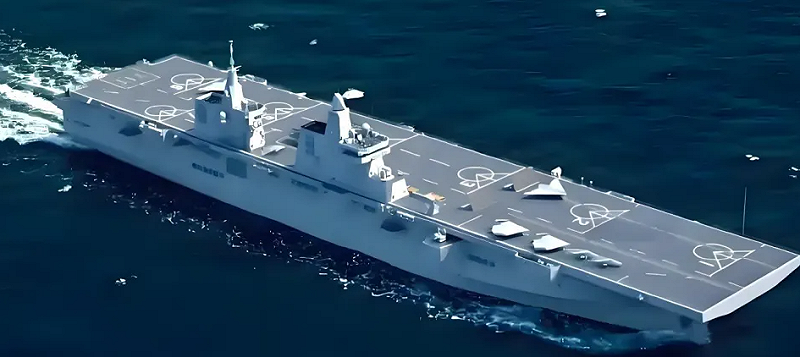 中國《央視軍事》近日公開的八一宣傳片顯示，076 型兩棲攻擊艦「四川艦」在艦島設計上採用了前後「1大煙囪+3小煙囪」佈局，對應兩台燃氣渦輪機與六台柴油發電機組。   圖:翻攝自矚望雲霄