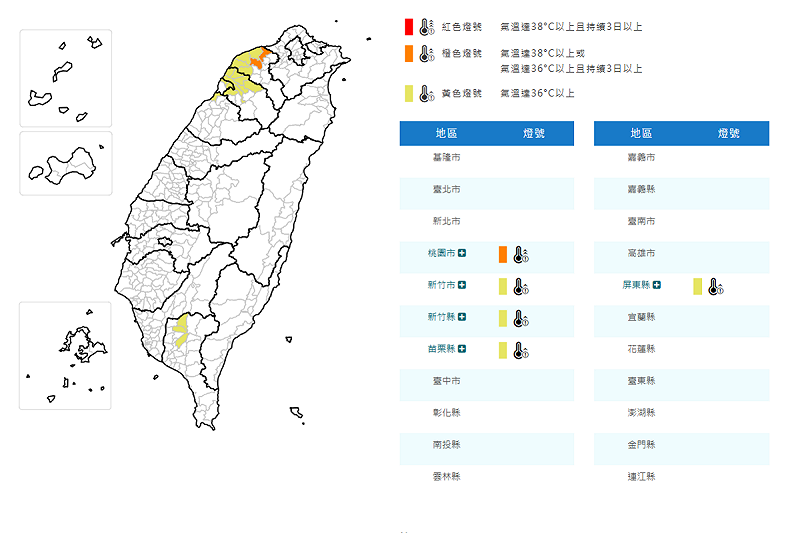 氣象署對全台5縣市發布高溫特報。   圖：取自氣象署