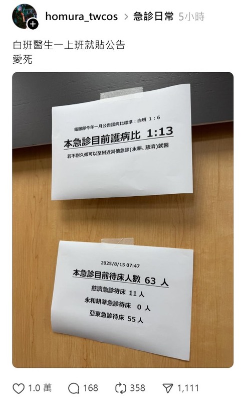 急診公告揭露護病比1:13超標，「超級白急診醫師」轉貼引關注，凸顯醫護人力不足問題，衛福部長邱泰源承諾追查。   圖：翻攝自「超級白急診醫師」臉書專頁