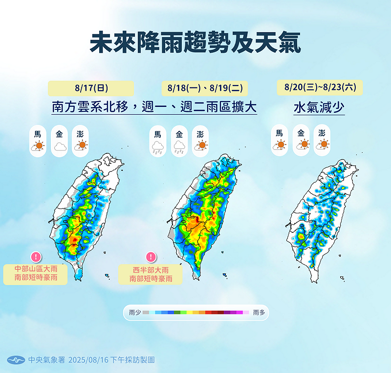 明(17)日週末天氣將是高溫與強降雨並存的型態。氣象署指出，受南方雲系影響，中南部山區有大雨，南部甚至有短時豪雨發生機率   圖：氣象署／提供