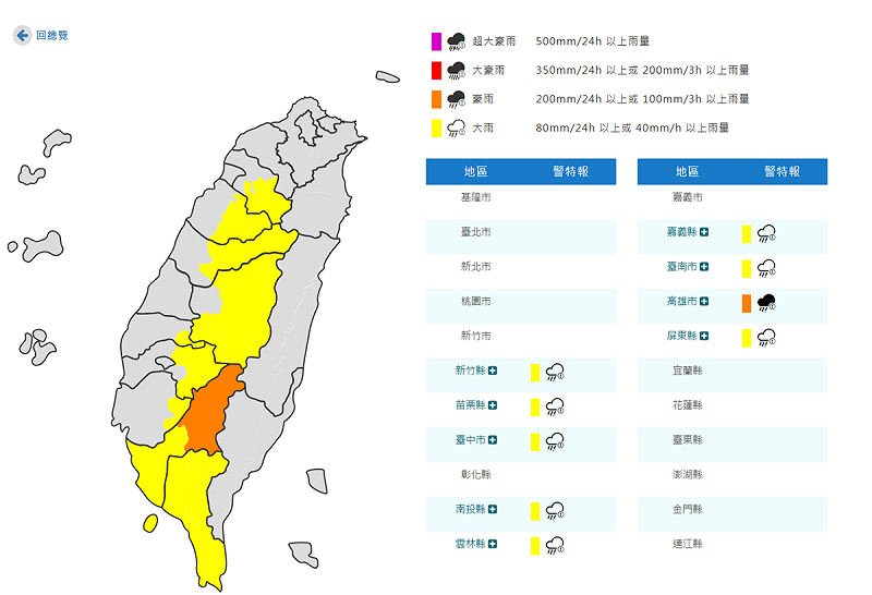 今(17)日氣象署對9縣市發布豪大雨特報。   圖：取自氣象署