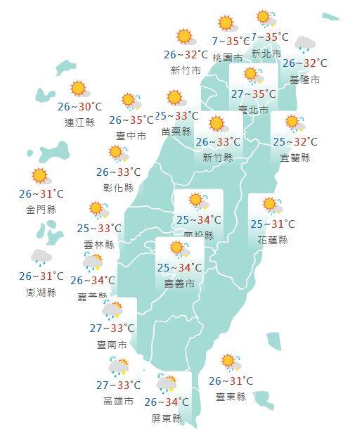氣象署公布各地天氣預報概況。 圖:氣象署提供