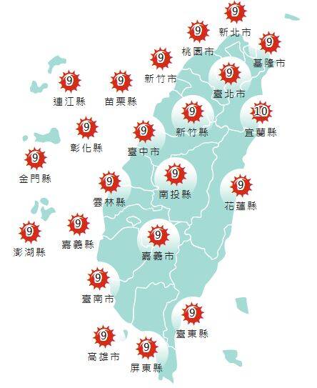 氣象署發布各地紫外線指數預報概況。 圖:氣象署提供
