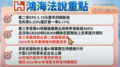 鴻海法說重點一覽表。   圖: 擷取自分析師楊育華節目