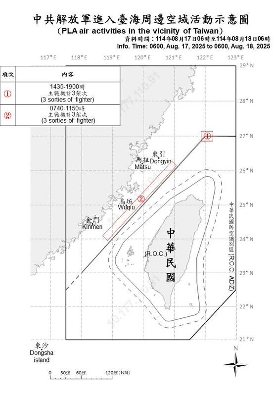 國防部今日公布中共解放軍進入台海周邊空域活動示意圖。   圖：國防部提供