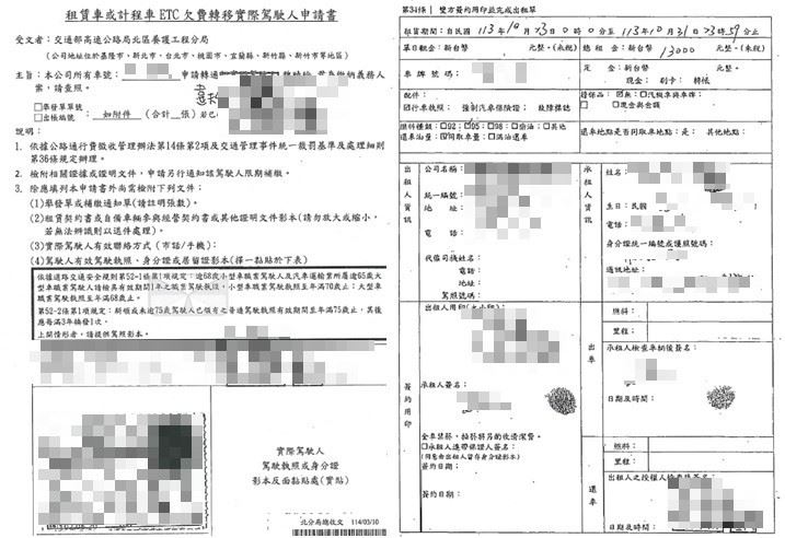 以假契約的方式,將租賃車收到的罰單與通行費轉嫁給不知情民眾。 圖:國道公路警察局提供