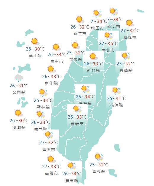 氣象署公布各地天氣預報概況。   圖：氣象署提供