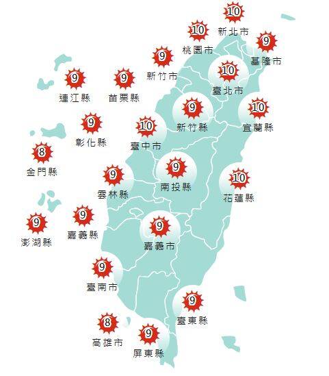 氣象署發布各地紫外線指數預報概況。   圖：氣象署提供