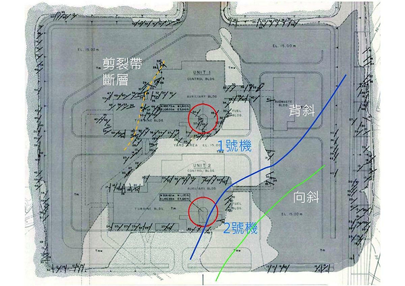  最新地質調查顯示，核三廠的建築物下方有剪裂帶、背斜等地質構造，是一個非常危險的 圖：擷取自陳文山教授簡報 