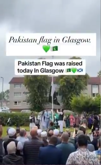 該用戶提供的畫面可看出在格拉斯哥（Glasgow）懸掛的巴基斯坦國旗，但看不出有無降下米字旗。圖：翻攝自 X 