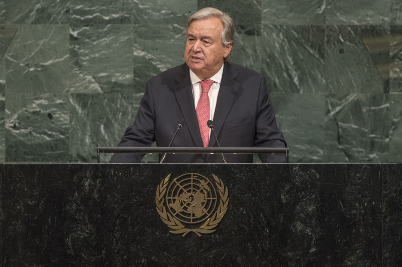 聯合國秘書長古特瑞斯（Antonio Guterres）在聯合國大會總辯論登場時，譴責北韓挑釁行為，但主張採取政治手腕解決，絕不可閉著眼睛走上戰爭之路。   圖：翻攝UN官網