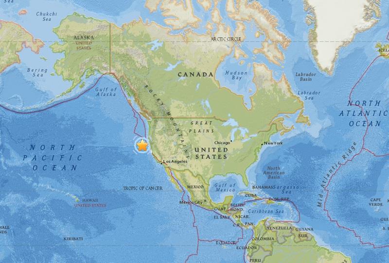 美國地質調查所指出，加州北方的太平洋外海22日發生規模5.7地震，目前無毀損或受傷報告傳出。   （圖取自美國地質調查所網站earthquake.usgs.gov）