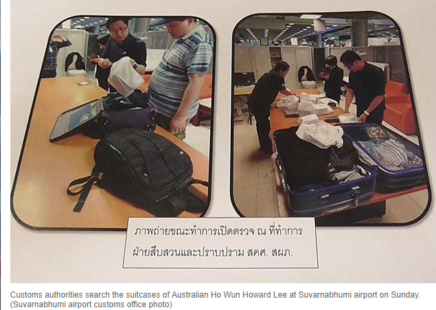 泰國曼谷機場24日查獲1澳洲公民Howard Lee（左圖右）在行李箱夾帶26支iPhone 8手機，價值約100萬泰銖。   Suvarnabhumi airport