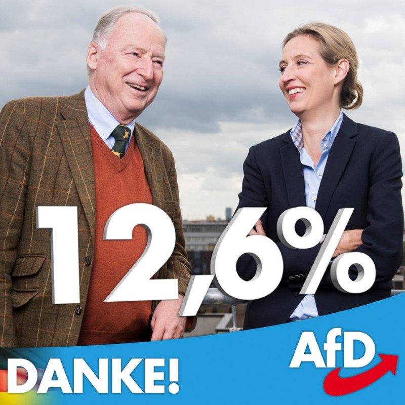 德國右翼另類選擇黨在韋德爾（右）與高蘭的領軍下，在邦聯議院大選打了一場漂亮的勝仗，拿下12.6% 得票率。   圖：翻攝另類選擇黨AfD臉書