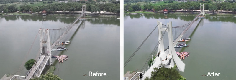 舊的龍潭大池吊橋與修建後的模擬圖。   圖 : 桃園市政府/提供