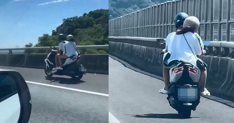 男女共乘機車上國道，一路聊天姿態輕鬆。   圖：翻攝自爆料公社公開版