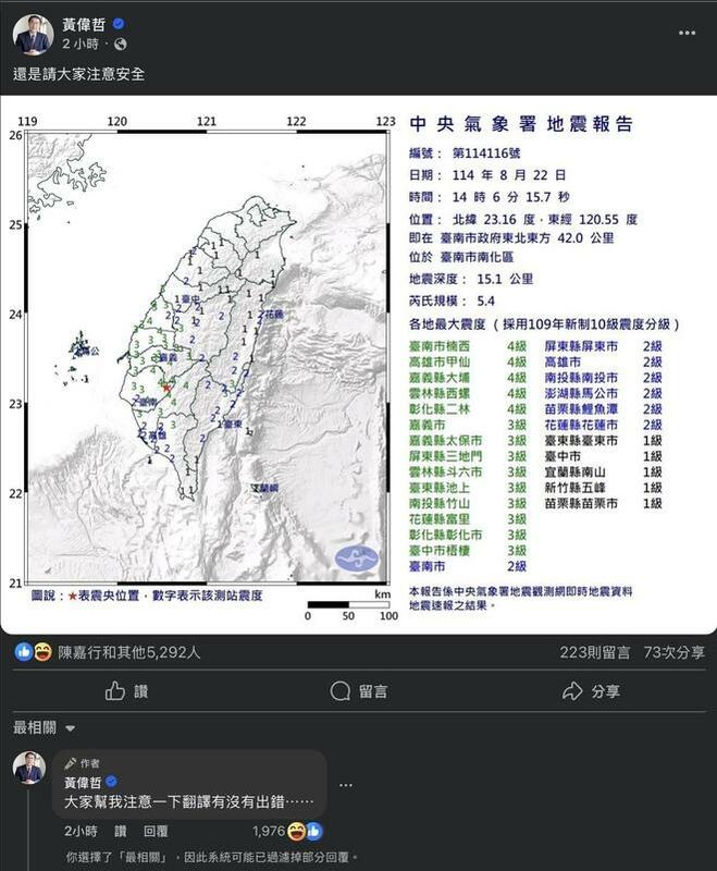台南今(22)日再度地震,黃偉哲第一時間提醒注意安全,並在留言區自嘲請網友幫忙檢查翻譯是否正常。 圖:翻攝自黃偉哲 臉書專頁