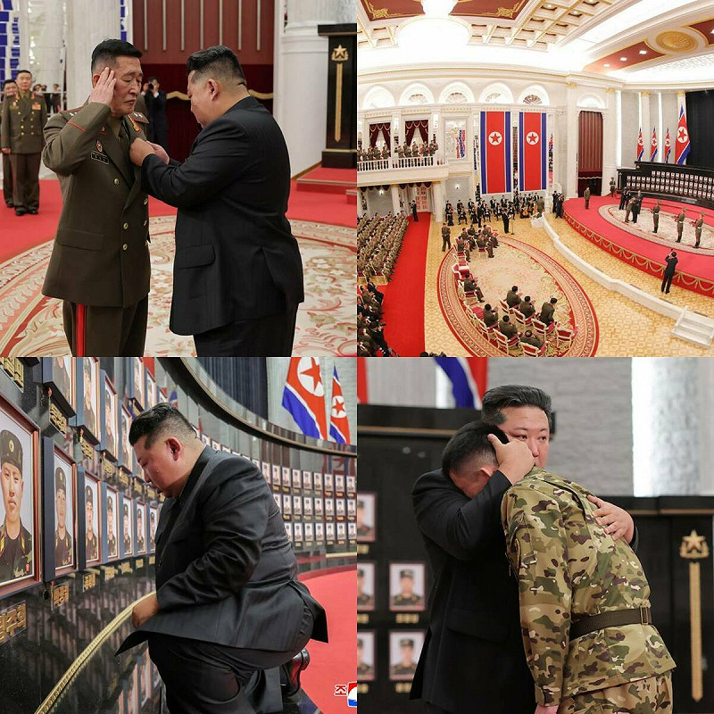 北韓領導人金正恩近日出席在平壤舉行的國家授獎儀式，表彰在海外作戰中「建立功勳」的人民軍官兵。   圖：翻攝自 X NEXTA