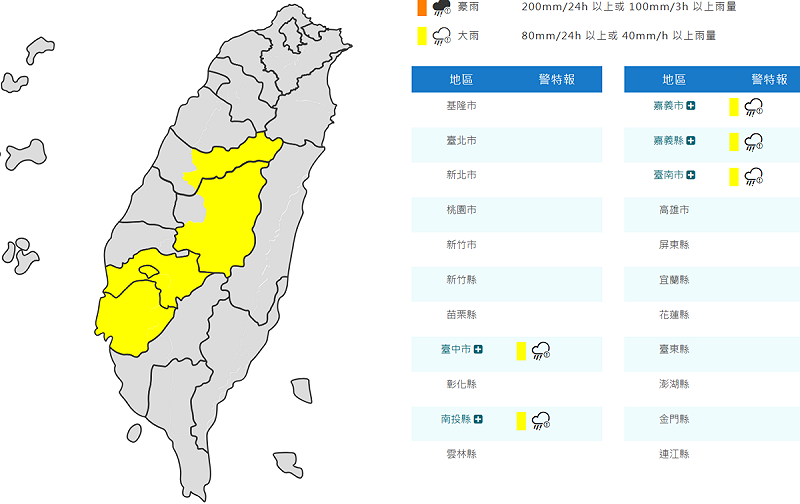 氣象署對5縣市發布大雨特報。   圖：取自氣象署