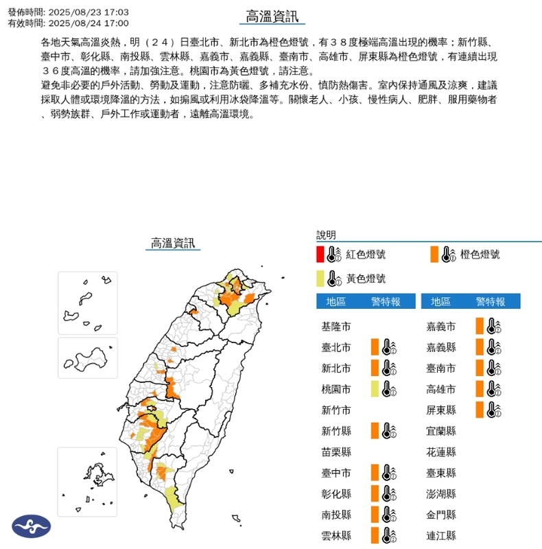 24日各地天氣高溫炎熱，台北市、新北市為橙色燈號，有38度極端高溫出現的機率。   圖/中央氣象署