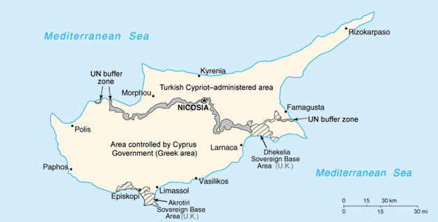 地中海國家塞浦路斯一半領土遭土耳其控制。   圖：取自維基百科　by CIA ：Public Domain
