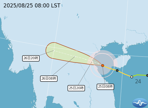 吳德榮指出，在菲律賓東方海面有1個熱帶擾動醞釀中，有可能在28日發展成颱，偏西北西進行，路徑和劍魚颱風有點像。   圖：取自氣象署