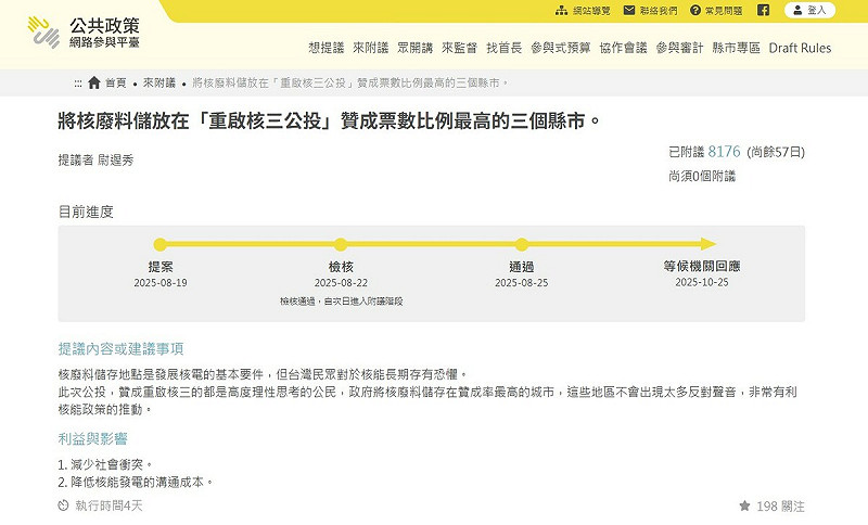  有民眾提議，將核廢料儲放「公投贊成票比例最高的3縣市」。 圖：翻攝自「公共政策網路參與平台」網站 
