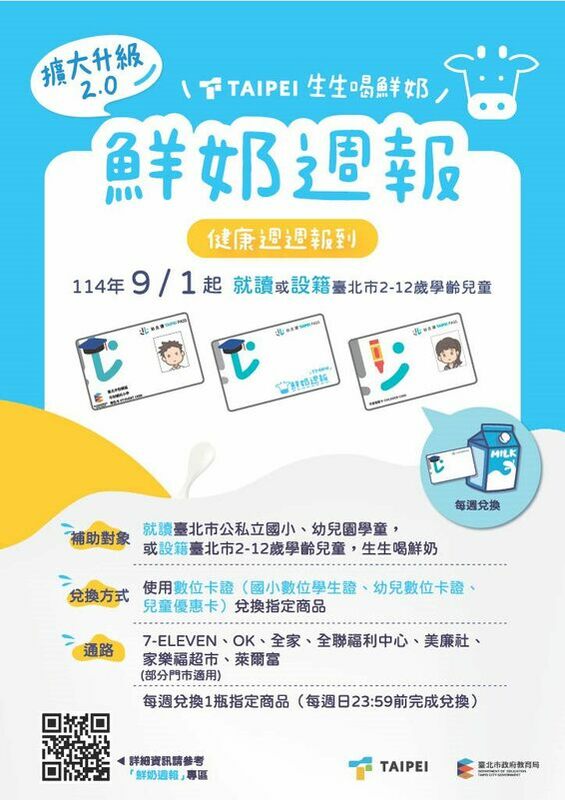 北市生生喝鮮奶2.0補助辦法。   圖：台北市政府教育處／提供