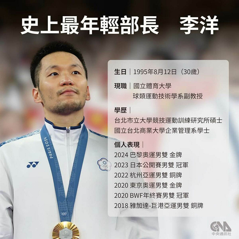 奧運雙金得主、台灣羽球名將李洋接任運動部長。(中央社製圖)