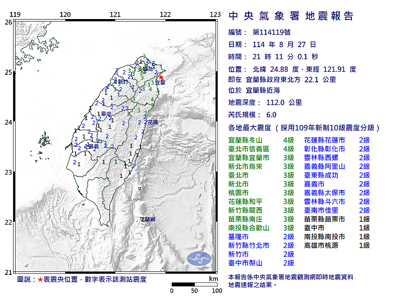 08/27-21:11宜蘭縣近海發生規模6.0有感地震 圖：中央氣象署   
