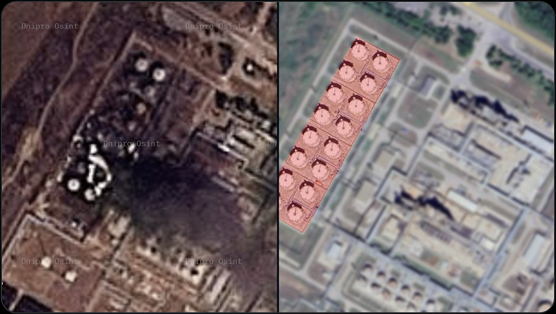 俄羅斯新沙赫京斯克(Novoshakhtinsk)煉油廠西側已成廢墟,約 16 座儲油設施遭到嚴重破壞。 圖:擷取自《NOELreports》的 X